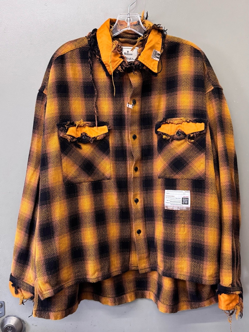 Maison Mihara Yasuhiro Distressed Checked Print Shirt size 46 Orange Yellow